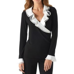 WHBM NWOT Black Blouse White Ruffle Collar XXS